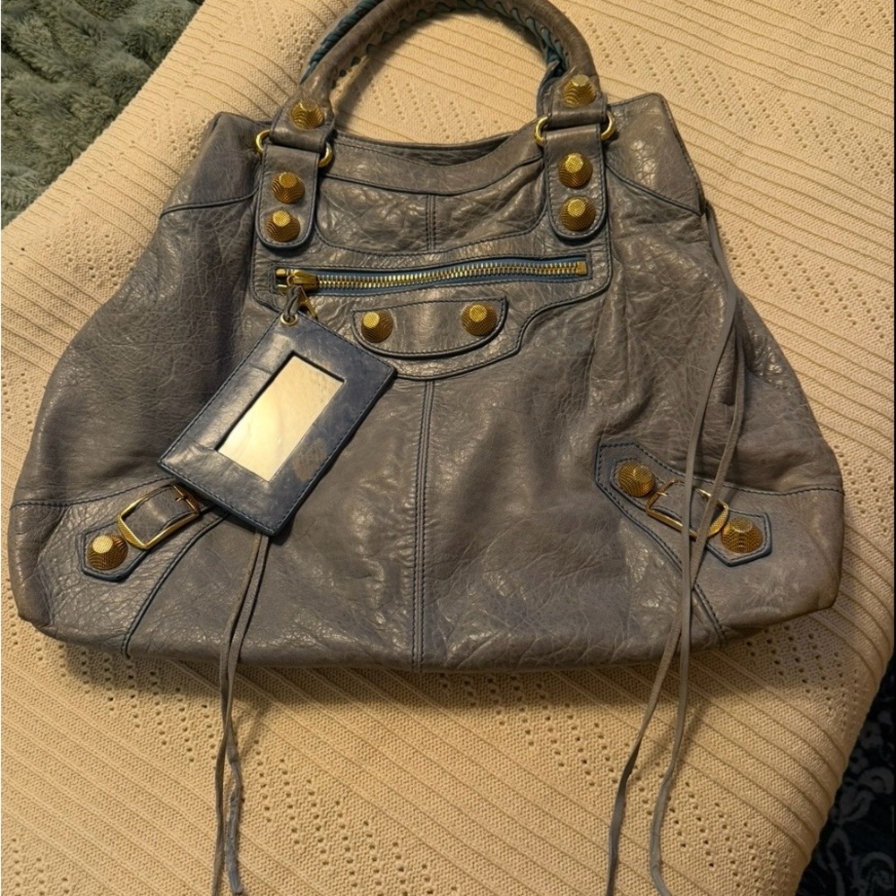 Balenciaga GGH Brief Bag Light Blue Handbag with Gold Accents